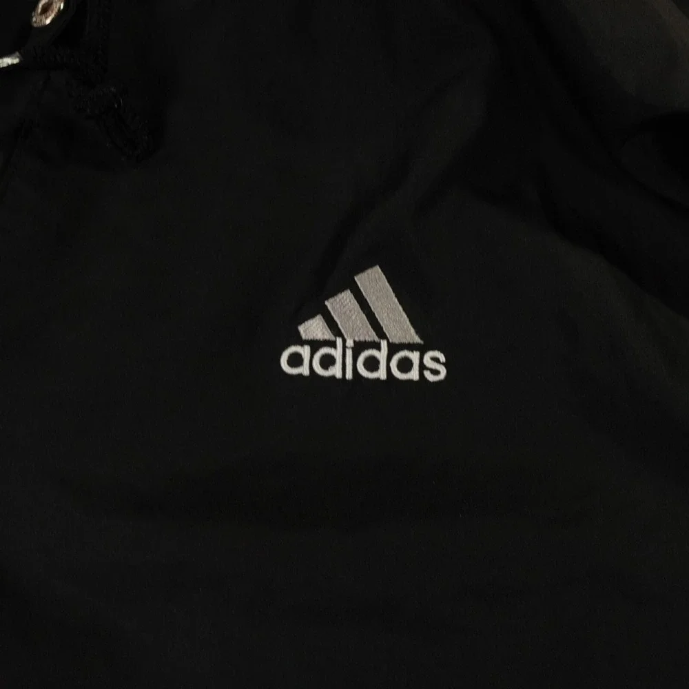 VTG Adidas Jacket Men Large Black Hooded 3 Stripe Logos Y2K Windbreaker Pullover